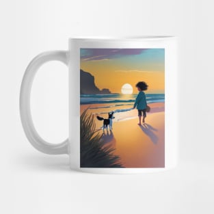 child playing with a dog on the beach. Mug